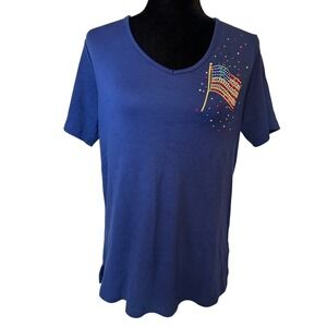 NWOT Quacker Factory Blue with Rhinestone American Flag Size Top Blouse Size S